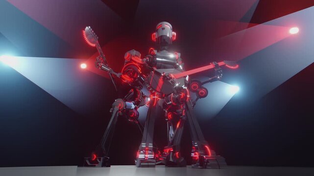 Seamless loop 3D animation of Futuristic robot musicians playing glowing electric guitar on stage with spotlights. For VJ sets, high-tech club visuals,  electronic music festivals, stage screens and f