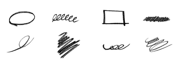 Charcoal pencil curly lines, squiggles and shapes. Grunge pen scribbles collection.png © PNG Queen
