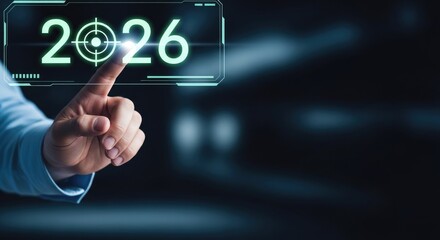 Fototapeta premium Futuristic interface with hand interacting 2026 projection