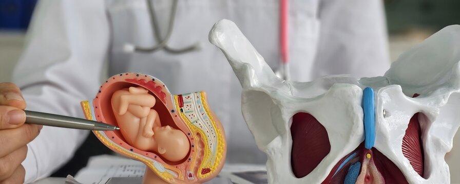 Narrow pelvis. Birth trauma of the mother. Embryo pregnancy and the woman pelvis.