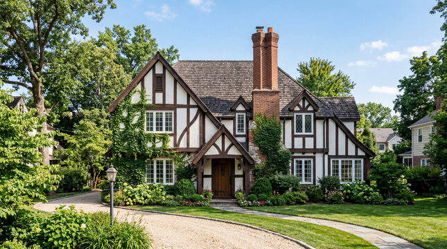 Charming Tudor-style home with intricate half-timbering and lush greenery