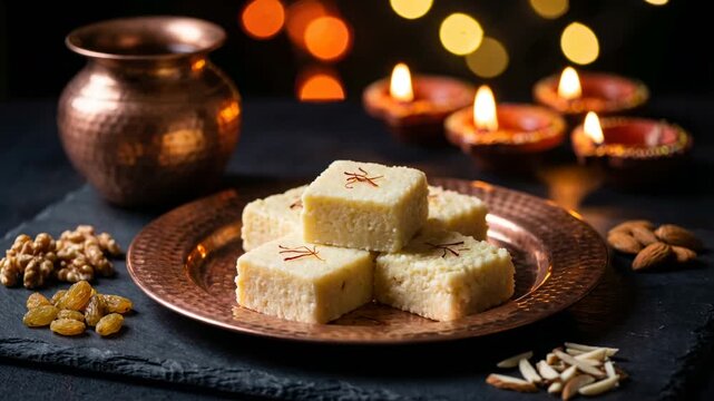 Plate of traditional milk fudge sweets topped with saffron and nuts for a festive celebration dessert