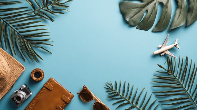 Top view of traveler accessories with green tropical palm leaf and small toy airplane, bright studio lighting, flat lay on blue background with copy space