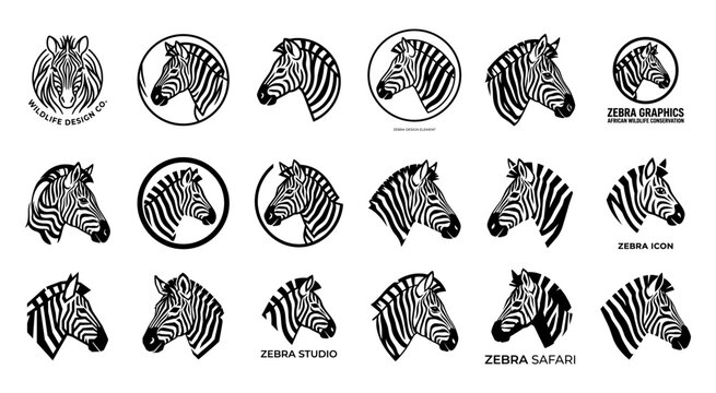 Set of black and white zebra head icons and logos for graphic design