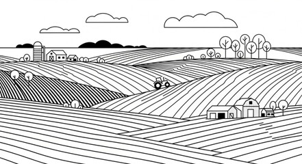 Stylized Farm Landscape with Rolling Hills and Tractor. © Anas