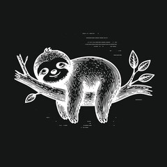 Obraz premium Sleeping Sloth on Tree Branch Engraving Style Illustration
