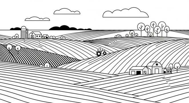 Stylized Farm Landscape with Rolling Hills and Tractor.