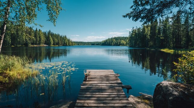 Rustic wooden dock on a calm lake surrounded by a lush green forest, bright summer sun, blue sky, traditional Scandinavian landscape outdoors