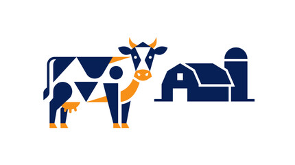 Obraz premium Stylized cow and barn illustration in abstract geometric shapes, representing farm life and rural heritage. Vector art with blue and orange colors on a white background.