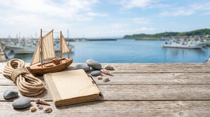 Wooden Sailboat Model with Blank Card for Umi no Hi Marine Day Nautical Background and Harbor Copy Space