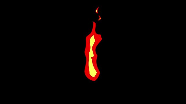 一瞬で下から上に燃え上がる赤と黄色の炎のエフェクト。2DFXの手書きアニメーション。火属性の魔法の演出。編集しやすい黒背景