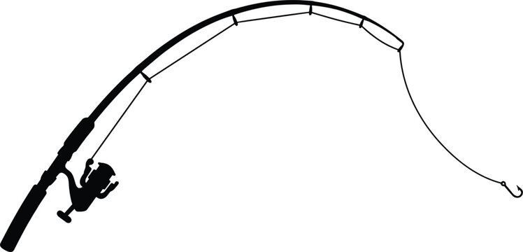 Bent fishing rod vector icon featuring a black silhouette design with spinning reel line and hook for outdoor sports angling hobbies and recreation logos