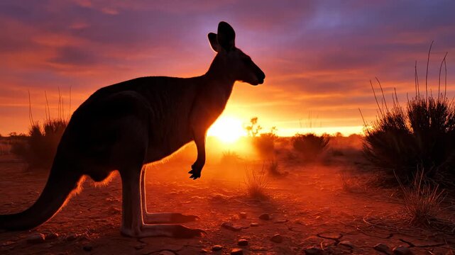 Majestic silhouette of a large kangaroo stands in the Australian outback against a fiery sunset sky, highlighting its iconic profile and the vast, arid landscape bathed in golden and crimson
