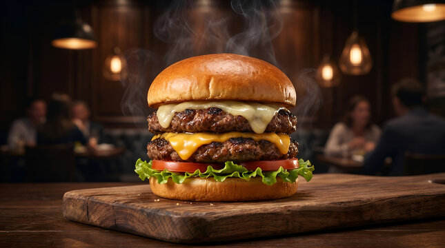hamburger on a wooden table
