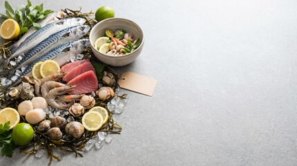 Fresh Seafood Arrangement for Umi no Hi Marine Day Food Background with Shellfish Fish and Clean Copy Space