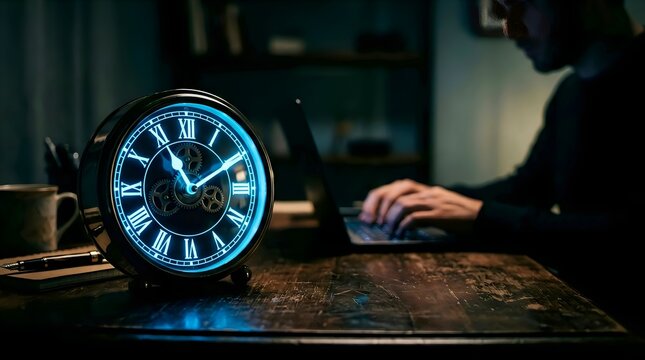 Blue Neon Alarm Clock on Desk with Laptop and Night Work Environment