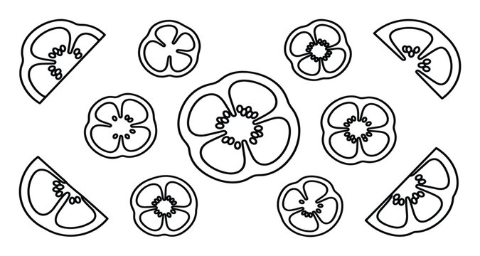 Collection of sliced bell pepper rings and wedges, outline drawing on white background.