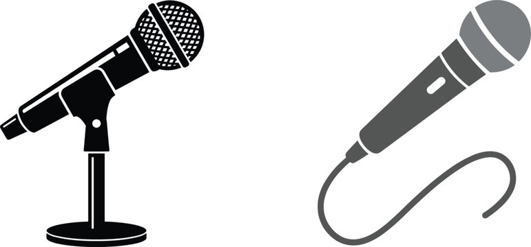 Microphone vector icon set featuring flat silhouette designs of a studio mic on a stand and a handheld vocal microphone with an audio cable