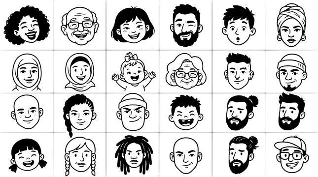 People diverse illustrated set with various facial expressions and hairstyles featuring black and white, cartoon, characters with men and women