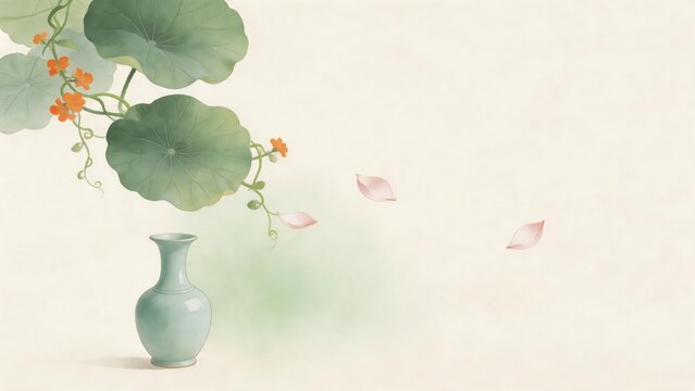 Growth and continuous learning with a tranquil oriental ink wash painting of a celadon vase and blooming vine, creating a serene zen atmosphere for personal development and mindful reflection