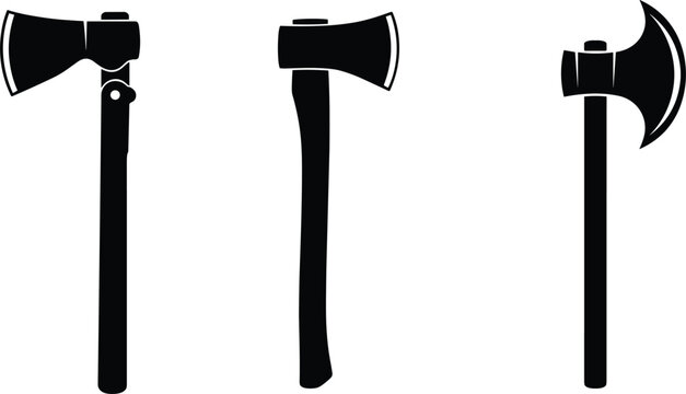 Axe hatchet and battleaxe vector icon set featuring black flat silhouette symbols of carpentry tools woodcutting equipment and medieval weapon designs for outdoor lumberjack themes