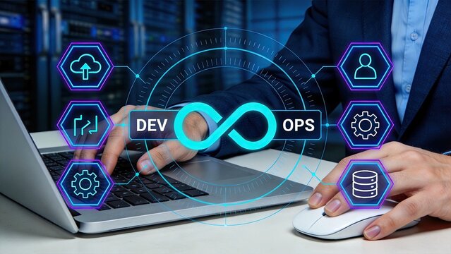 DevOps infinity loop symbol with cloud computing, coding, server management icons, software development lifecycle, agile methodology, continuous integration and deployment