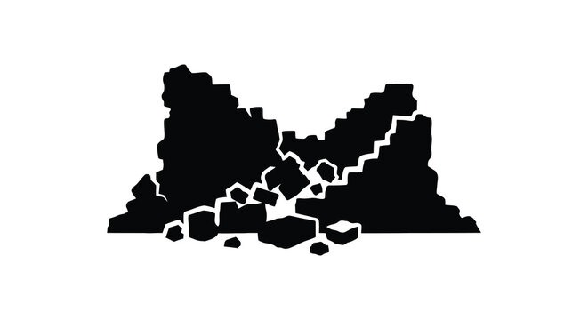 Rockslide debris and fractured rock formation black silhouette high quality
