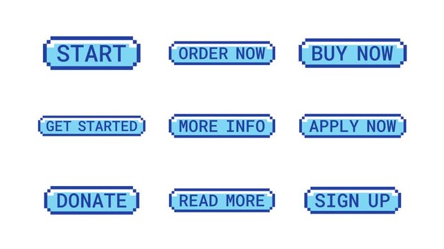 Retro pixel action buttons animation set. Order and buy now on website. Sign up online. Get started app. Animated 8-bit arcade-style CTA overlays. Classic game-inspired UI call-to-action collection