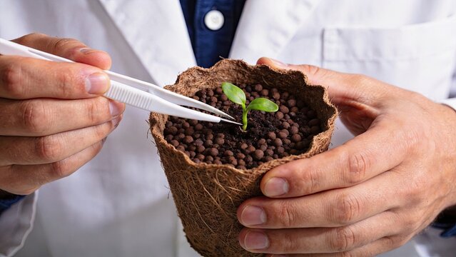Scientist holding seedling in peat pot, using tweezers for plant biology research, agriculture and botany concept, sustainable growth, environmental science laboratory work