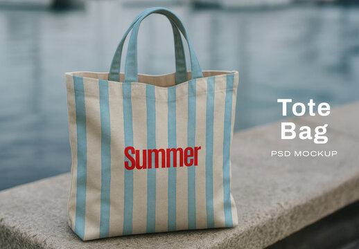 Striped Tote Bag Summer Mockup PSD
