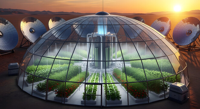 Visionary Biodome Colony Nurturing Sustainable Hydroponic Agriculture with Advanced Renewable Energy on a Future Martian Landscape During Sunset