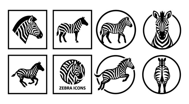 Set of black and white zebra animal icons and logos in different poses