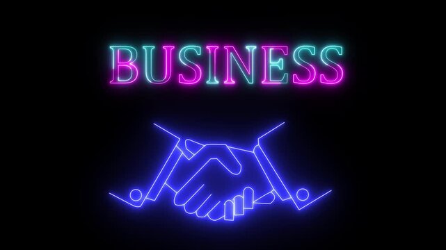 Business handshake neon icon with glowing text and colorful aura. Handshake neon icon deal agreement. Professional handshake neon icon for digital corporate alliance and successful contract.