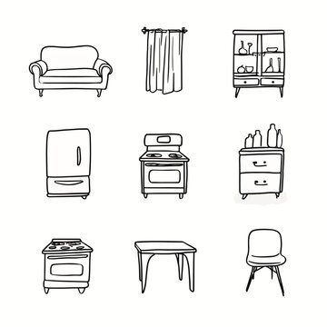 Line drawing of household furniture.
