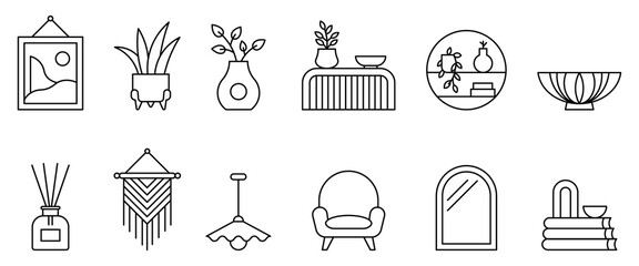 Fototapeta premium Modern minimalist home decor interior accessories set, featuring linear icons of furniture, plants, vases, lamps, mirror, armchair, wall art, and cozy aesthetic lifestyle elements.