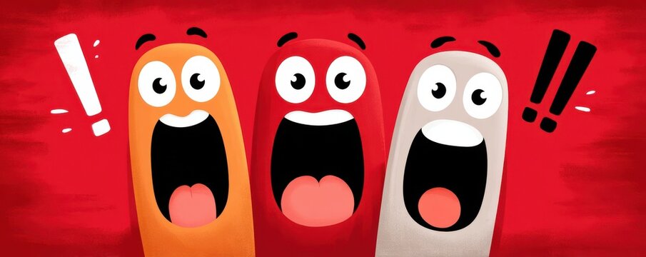 Three surprised cartoon faces shouting on a red background with exclamation marks