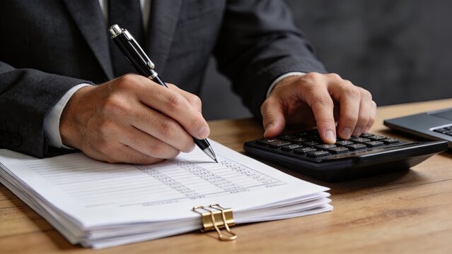 Close up of accountant hands using calculator and writing on financial report documents with pen, business analysis, tax preparation, auditing, budget planning, corporate finance