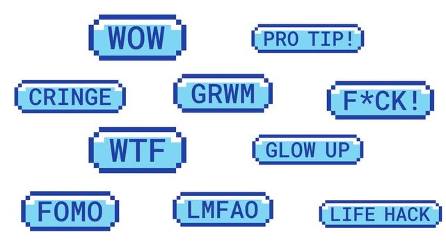 Trendy slang retro pixel buttons animation set. Internet reaction words. Viral style content creation. Animated 8-bit arcade-style CTA overlays. Classic game-inspired UI call-to-action collection