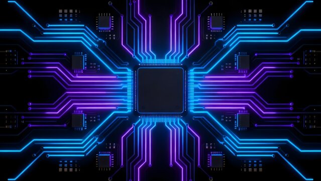 Neonlit computer circuit board with central processor