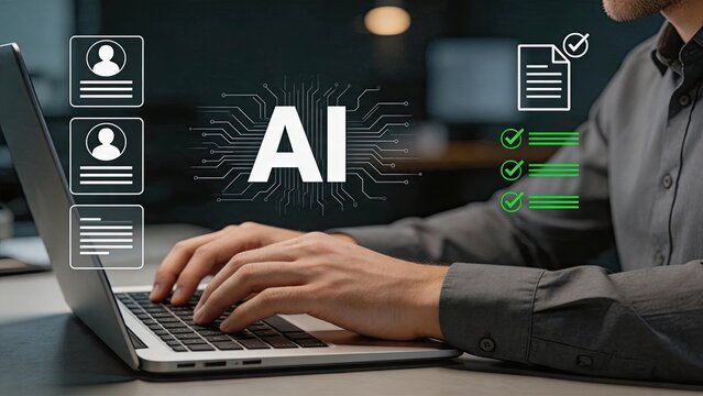 Person typing on laptop keyboard with artificial intelligence circuit board graphic and document icons, representing AI technology, automation, data processing, machine learning