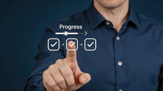 Man touching virtual progress bar with finger, concept of business growth and step by step achievement, three checked boxes representing milestones, workflow optimization and