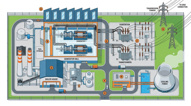 Industrial power plant schematic diagram with detailed layout and infrastructure.