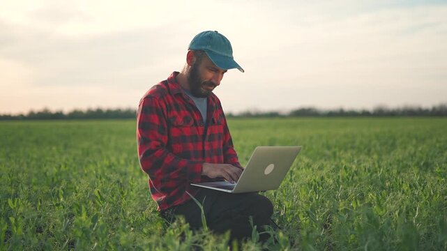 Farmer in red plaid shirt focused on laptop. Agriculture moves forward with computer help. Man sits in field checks plant data. Technology shapes future of agriculture. Farmer trusts laptop work.