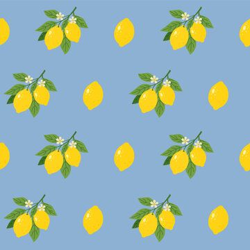 Lemon Fruit Seamless Pattern Design on Blue Background. Summer Flat Vector.