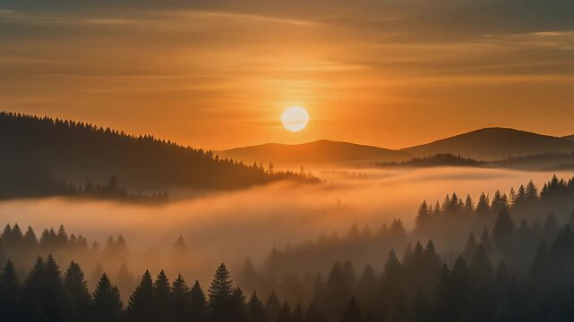 Golden sunrise over a misty forest landscape with rolling hills and silhouetted pine trees