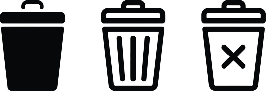 Trash can icon set, simple vector collection of waste bin icons in different styles isolated on white background for UI app and recycling design.