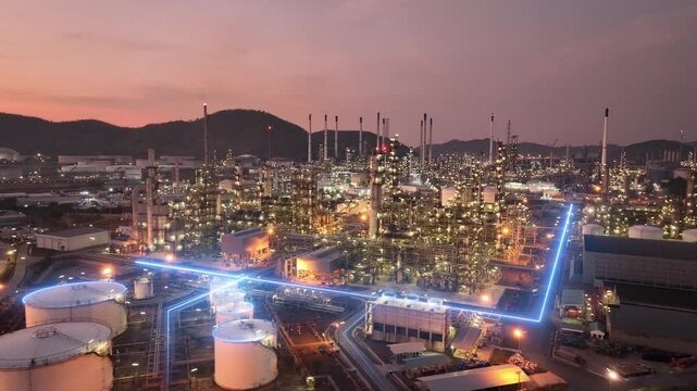Glowing blue digital network lines flowing through a massive oil refinery and petrochemical plant at twilight. Smart factory technology, IoT infrastructure, and modern energy data management.