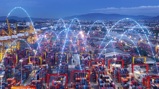 Glowing digital network connections arching over a busy commercial container terminal at twilight. Smart port logistics, global supply chain, and IoT technology driving international trade.