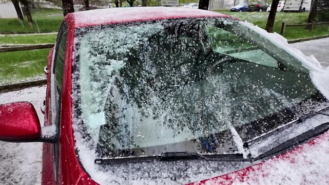 Gros plan sur des petits gr&ecirc;lons qui tombent sur le parebrise d'une voiture rouge. Les essuie glaces les balayent. Boules de glace apr&egrave;s un orage de printemps.