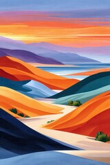 Naklejka premium Colorful sand dune landscape at sunset along a coastal seascape, stylized illustration
